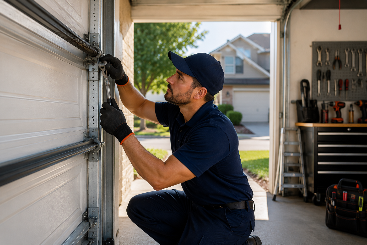 Garage door repair technician inspecting a residential garage door in League City TX