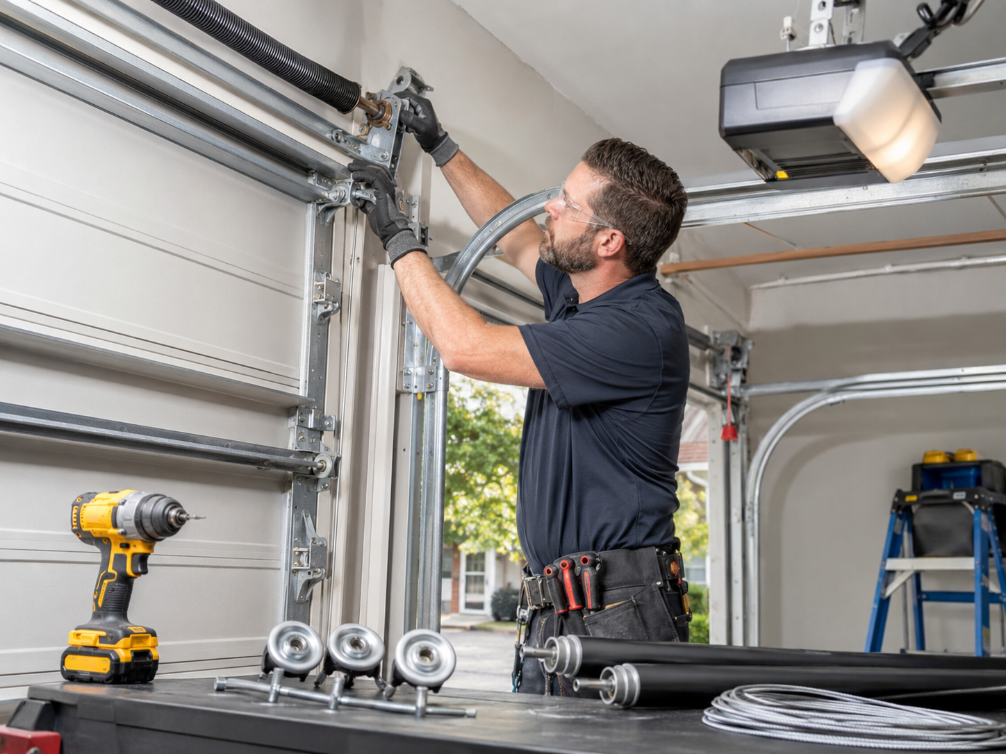 Garage door technician repairing springs, cables, rollers, tracks and opener components