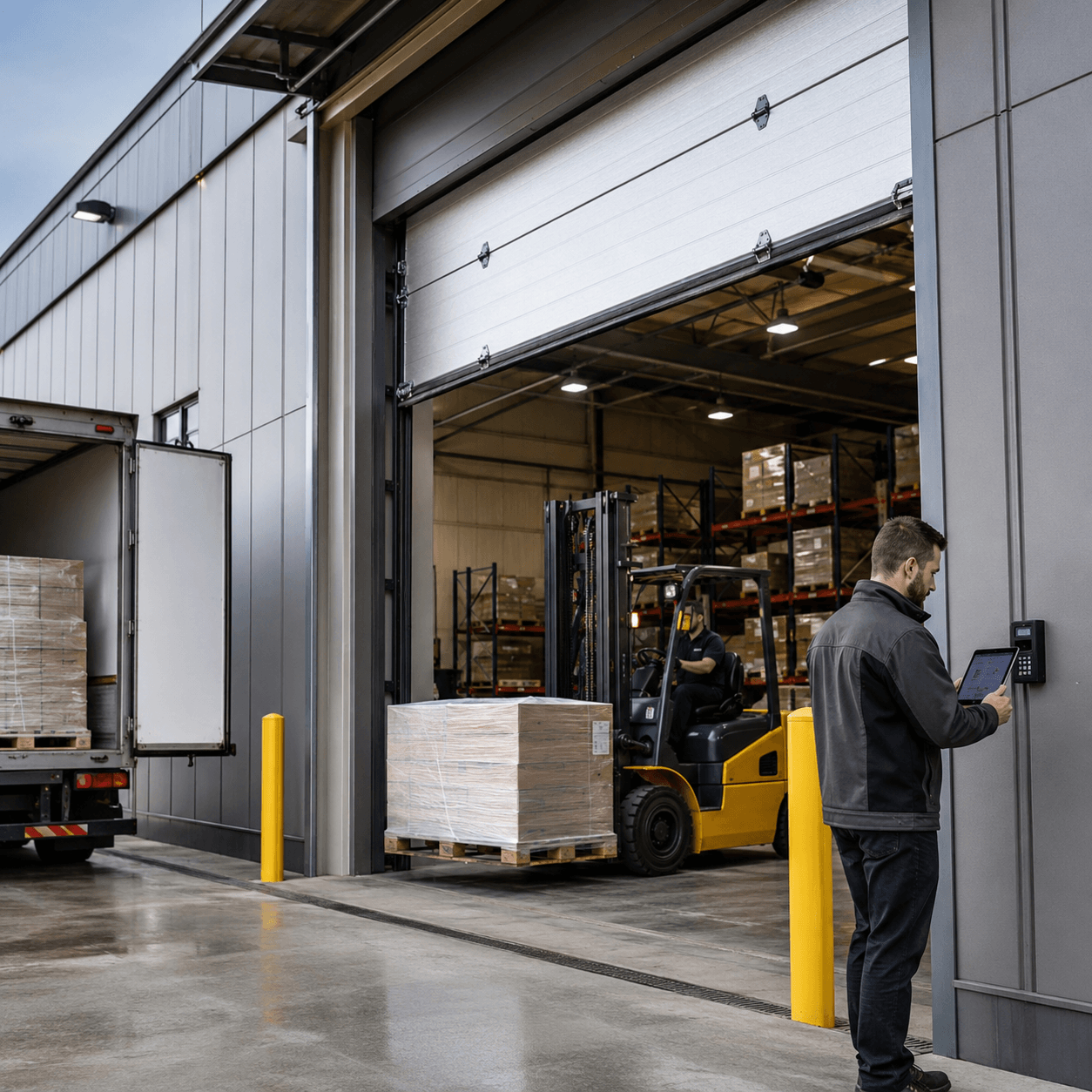 Automated commercial garage door with keypad access at a busy warehouse