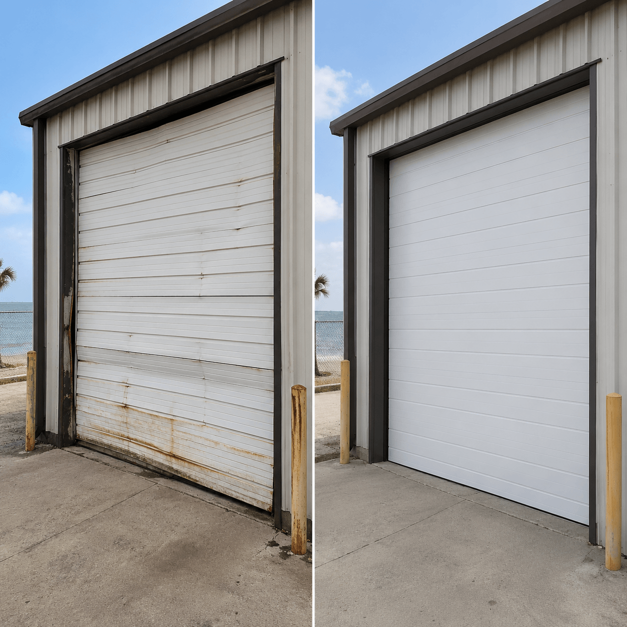 Commercial garage door installed on a workshop in League City Texas