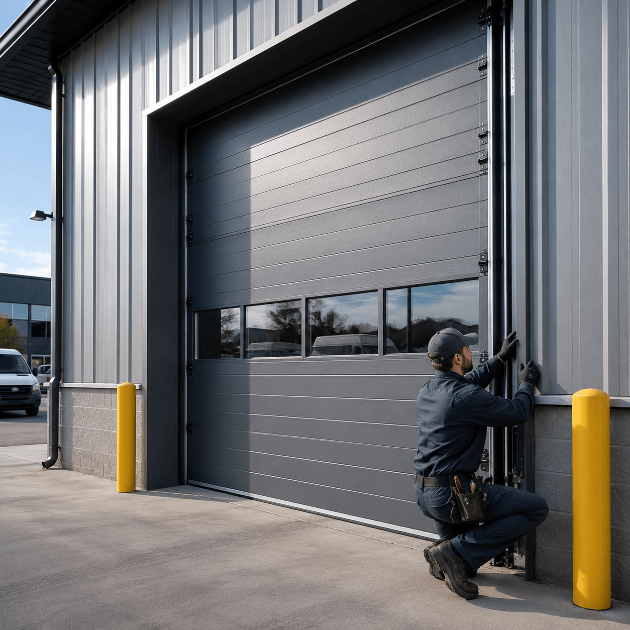 Technician installing a commercial garage door at a business property
