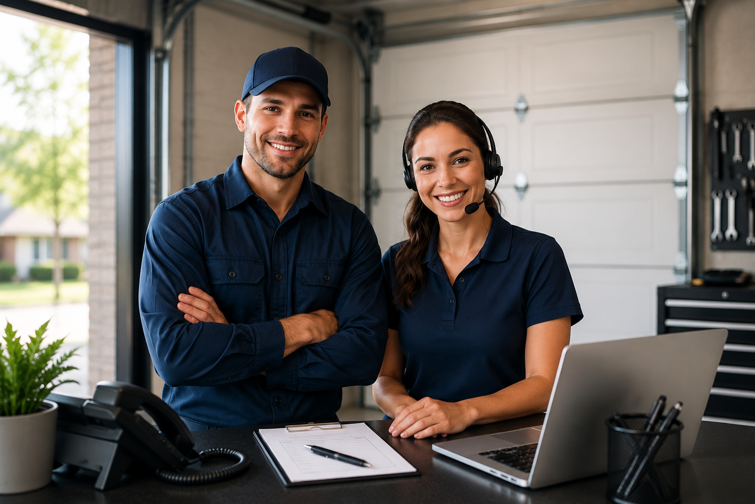 Garage door technician reviewing a residential repair project