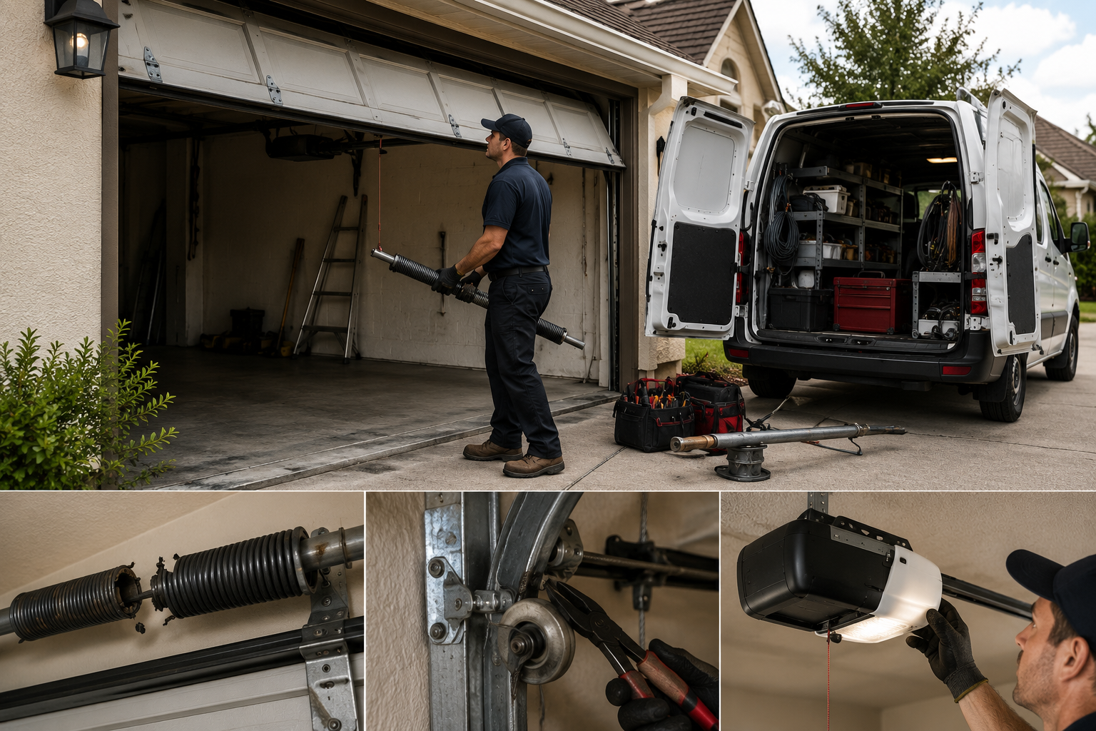 Garage door technician arriving with replacement springs, cables and tools for emergency repair and maintenance