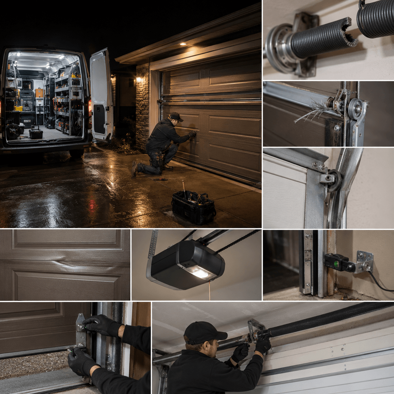 Emergency garage door repair showing broken springs, cables, rollers, opener and safety sensor service