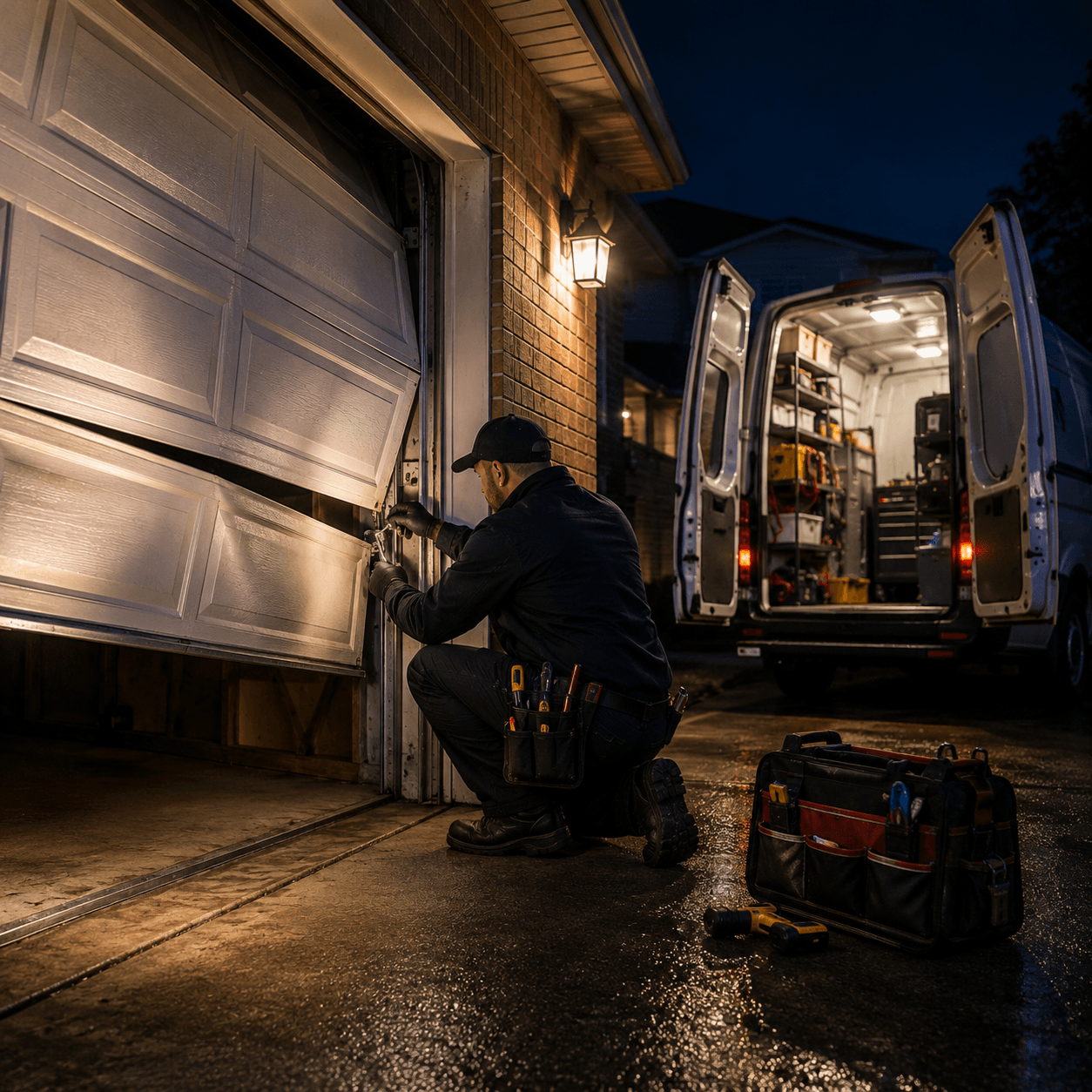 Emergency technician repairing an off-track residential garage door at night