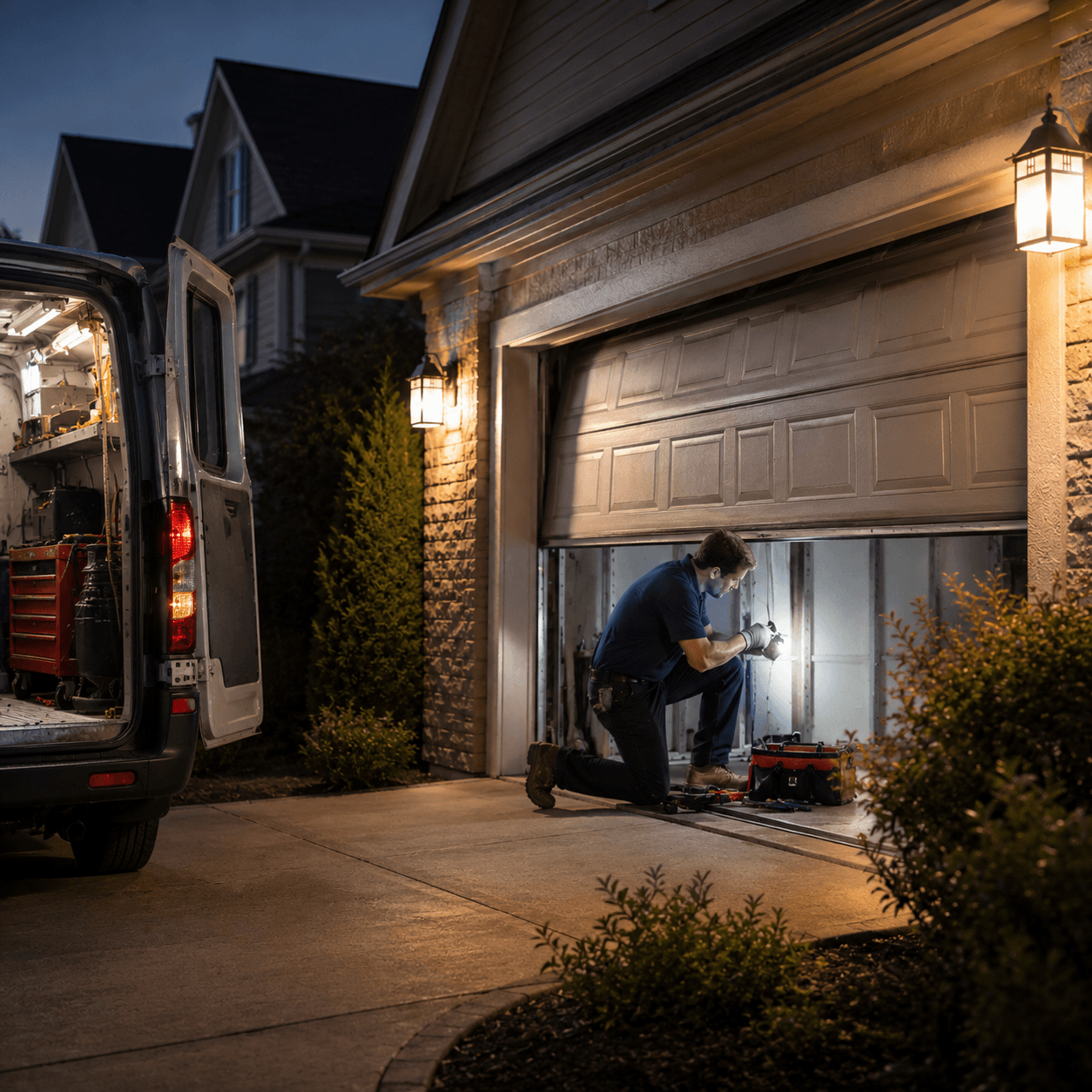 Technician performing emergency garage door repair at night