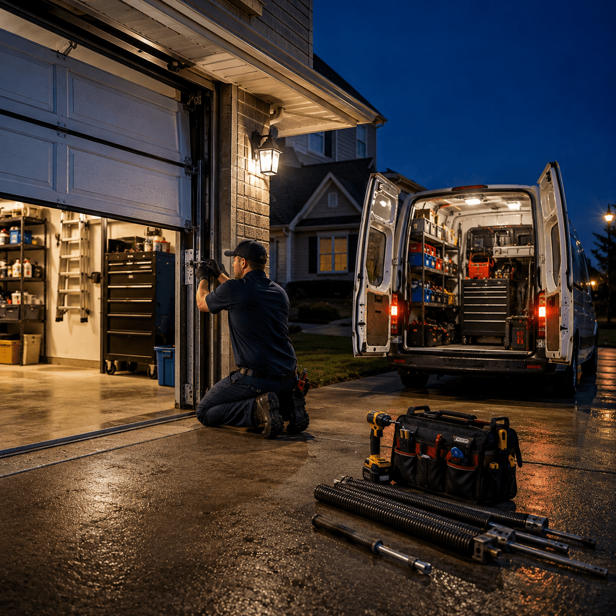 Emergency garage door technician repairing a residential door with tools and replacement parts