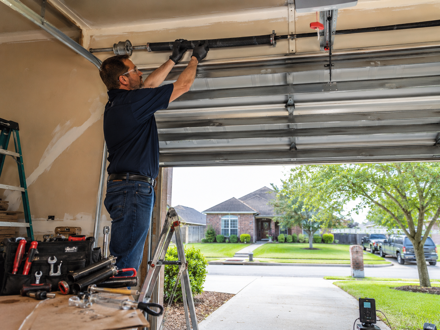 Technician inspecting and repairing garage door springs, cables, tracks and opener components