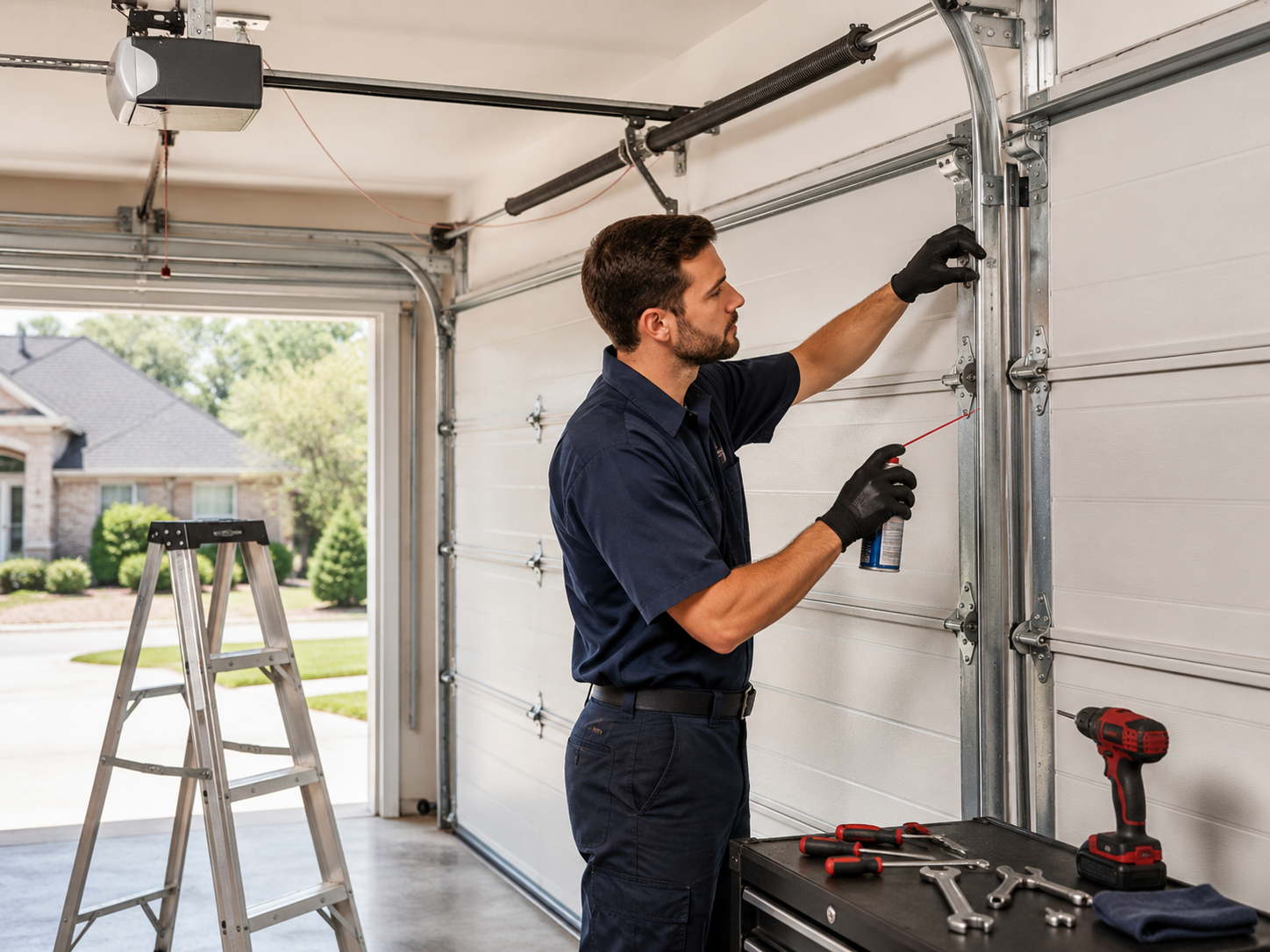 Garage door technician performing preventive maintenance
