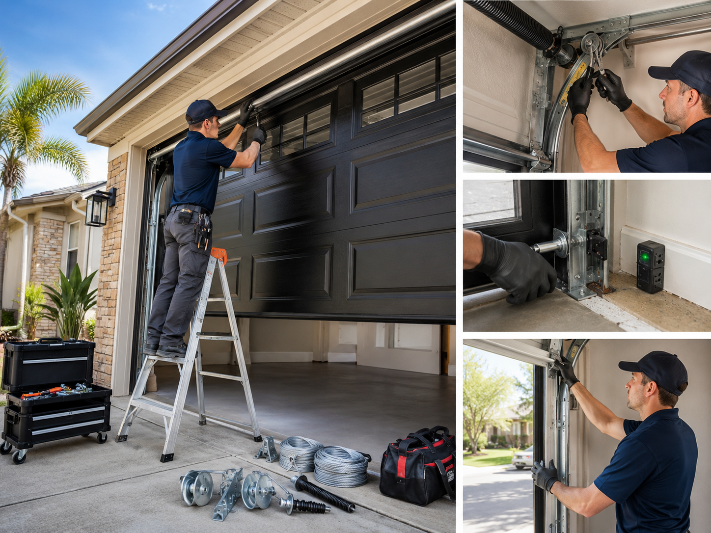 Garage door technician inspecting springs, cables, tracks and safety sensors in League City Texas