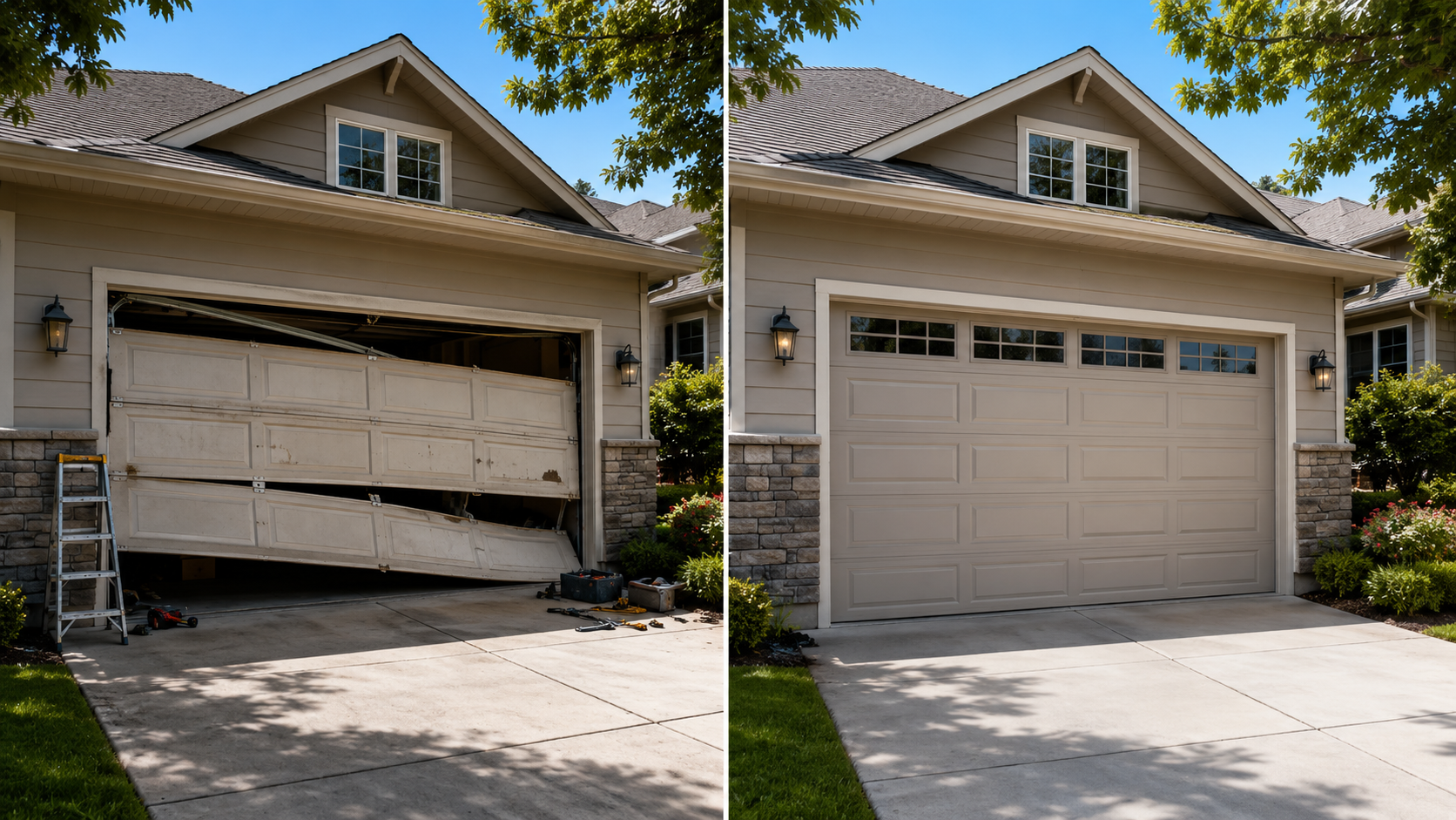 Before and after comparison of a broken garage door and a repaired garage door