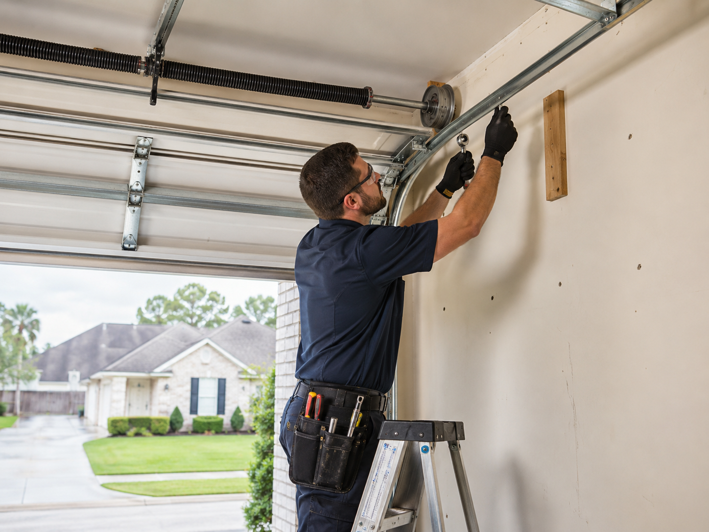 Technician repairing a residential garage door in League City TX