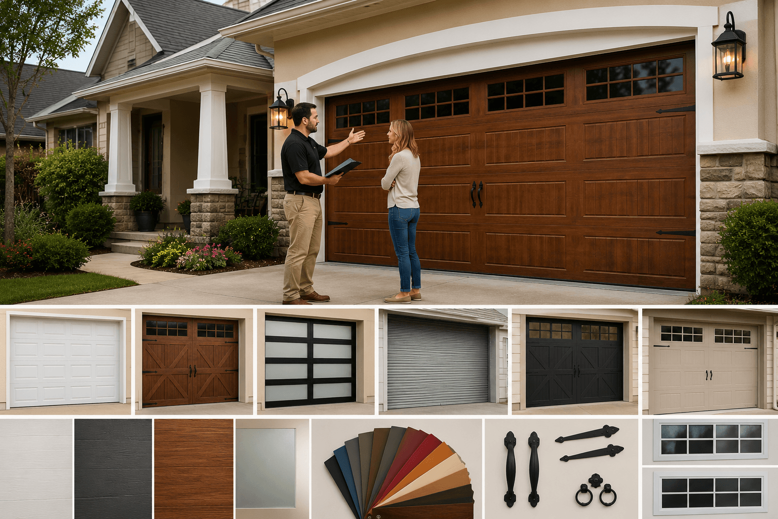 Garage door design consultation showing multiple door styles, materials, colors, hardware, and window options