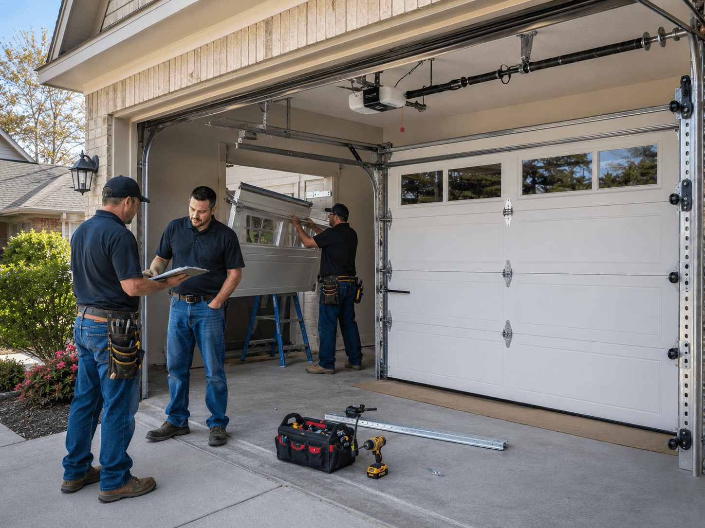 Professional technicians installing a residential garage door in League City Texas