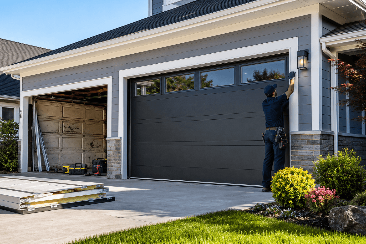 Garage door replacement with a new insulated garage door