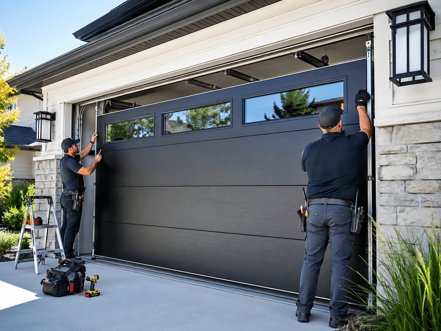 Technicians installing a modern residential garage door in League City Texas