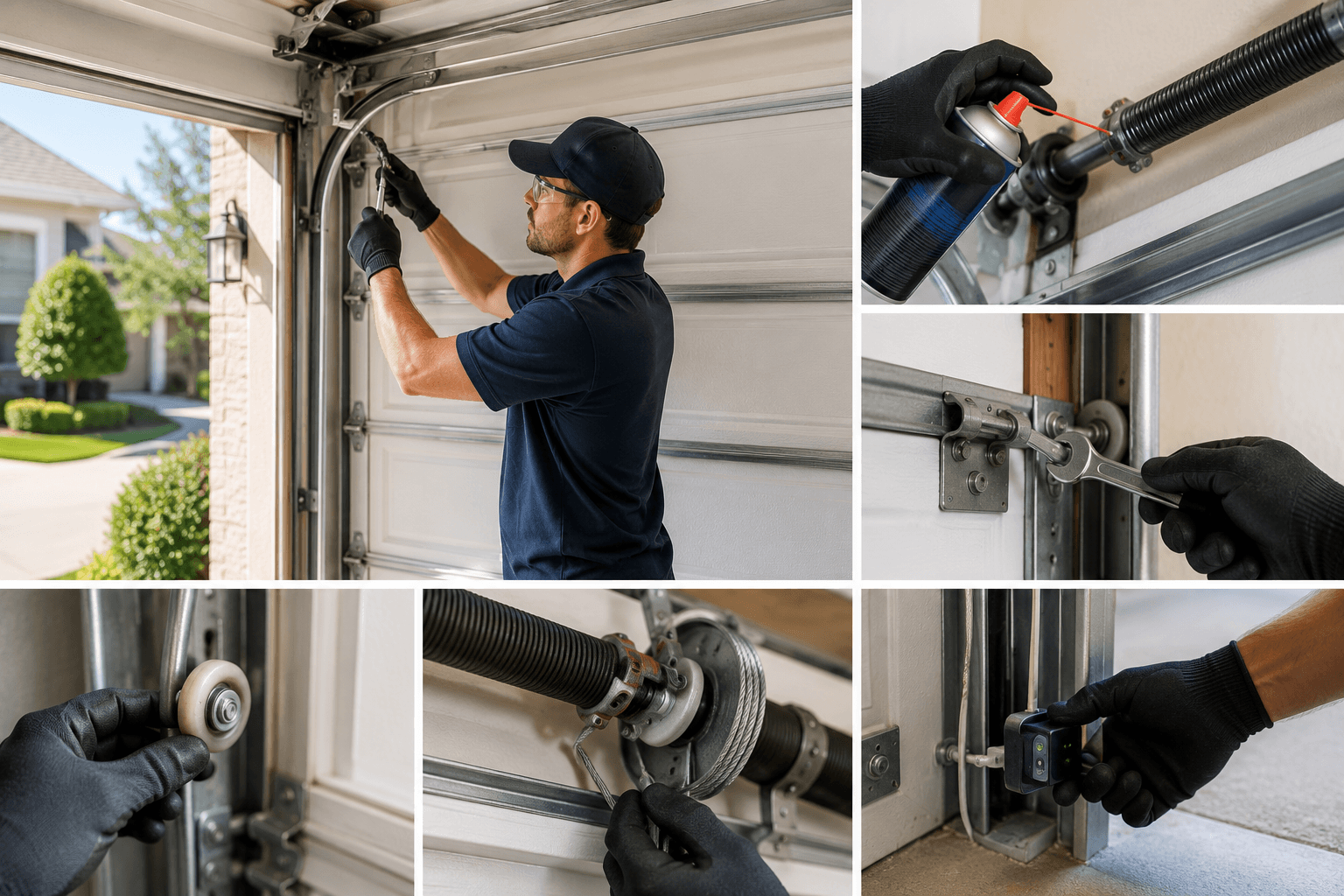Garage door technician inspecting, lubricating and testing garage door components