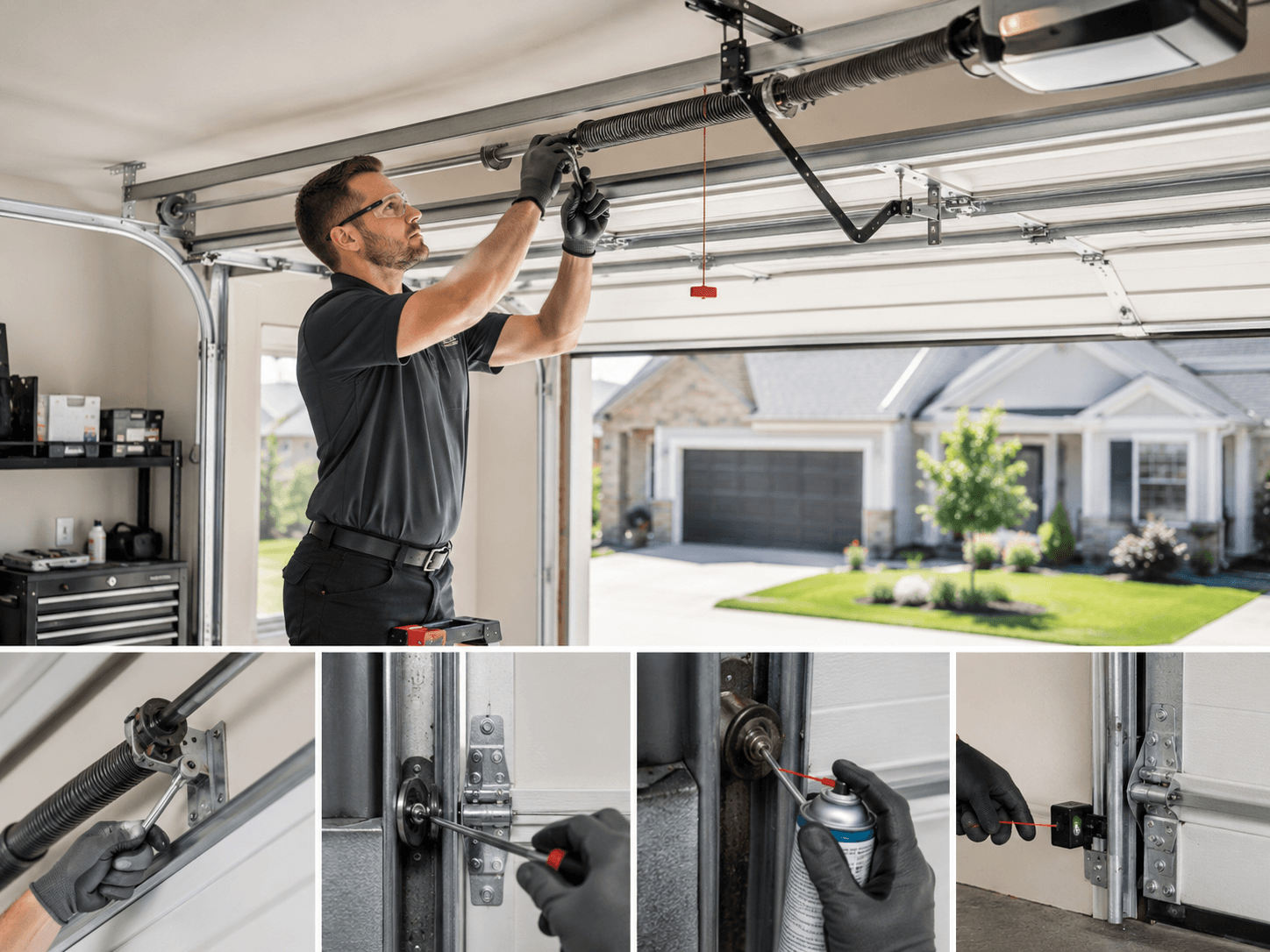 Technician performing preventive garage door maintenance and inspection