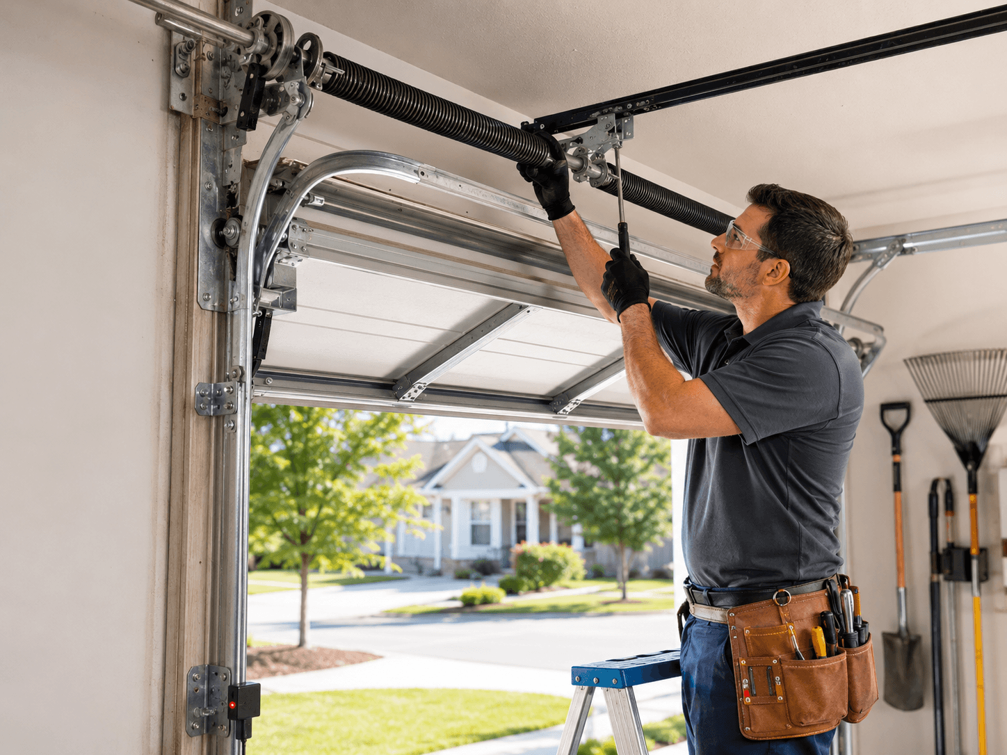 Technician performing routine garage door maintenance and inspection