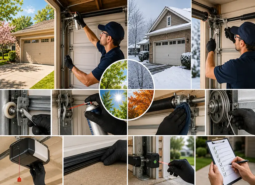Seasonal garage door maintenance including lubrication, hardware checks and safety sensor testing