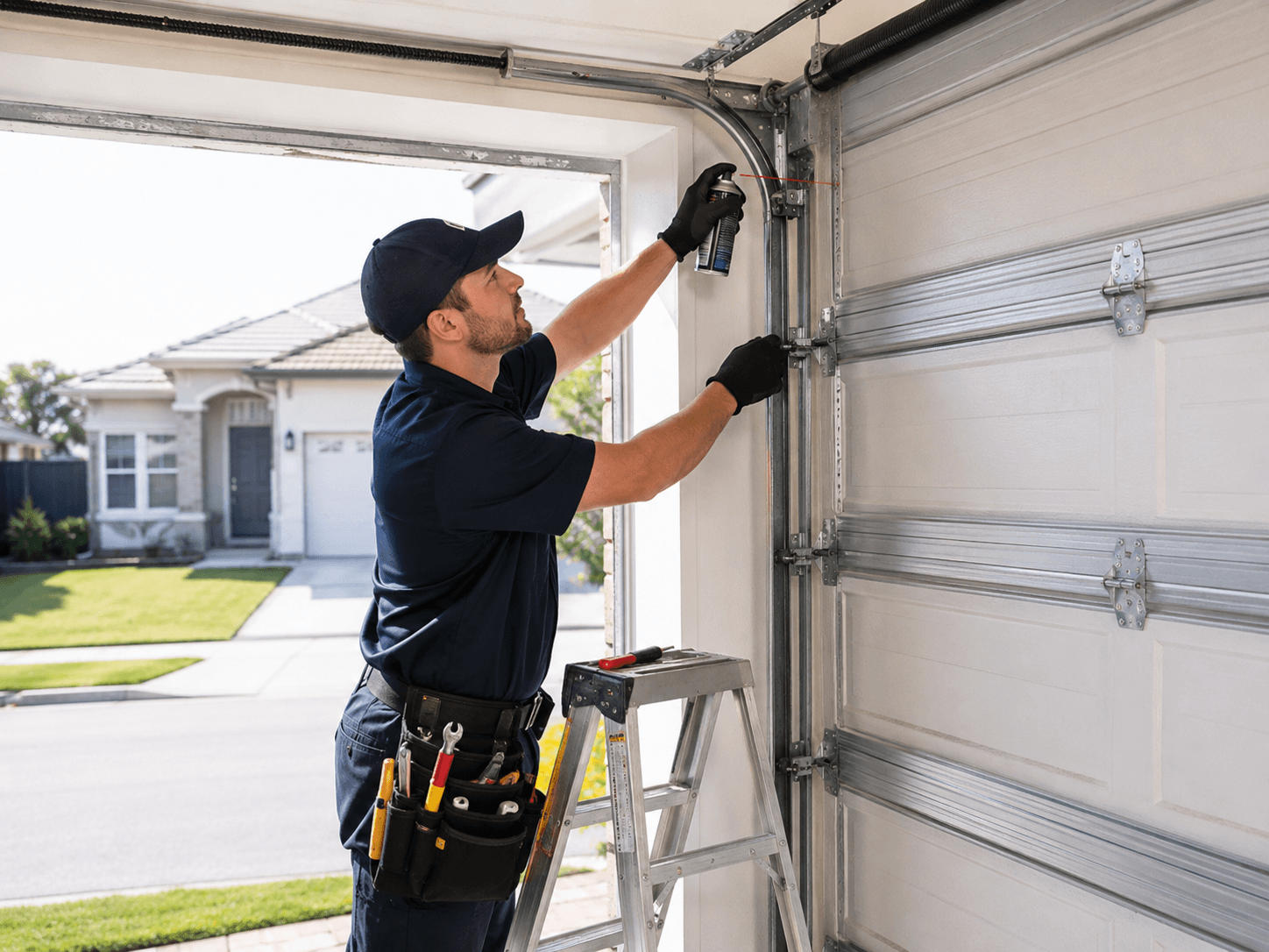 Technician performing garage door maintenance on a residential garage door