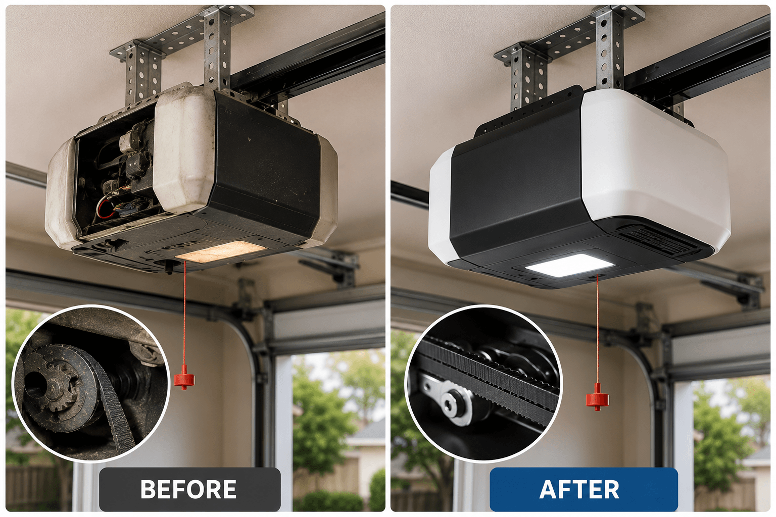 Before and after comparison of an old damaged garage door opener and a new modern opener
