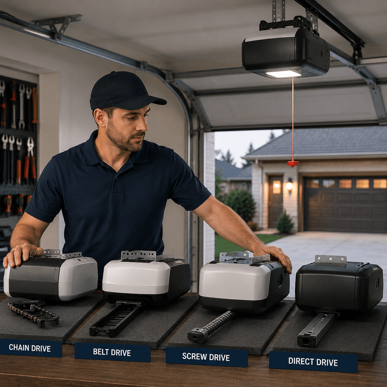 Chain drive, belt drive, screw drive and direct drive garage door opener systems
