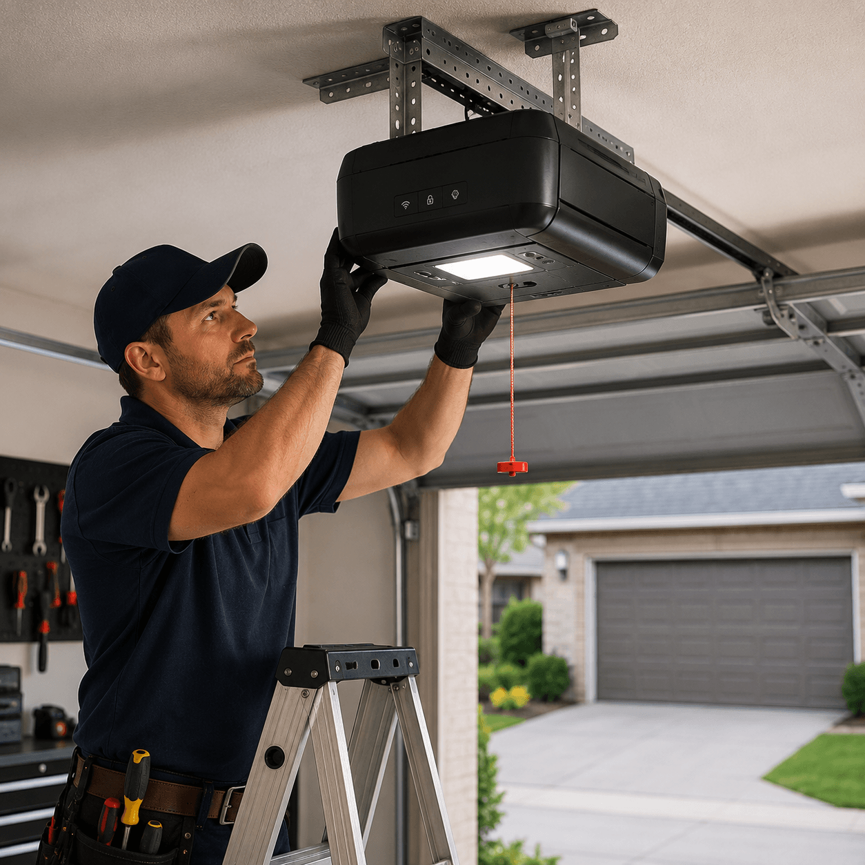 Technician installing a modern residential garage door opener