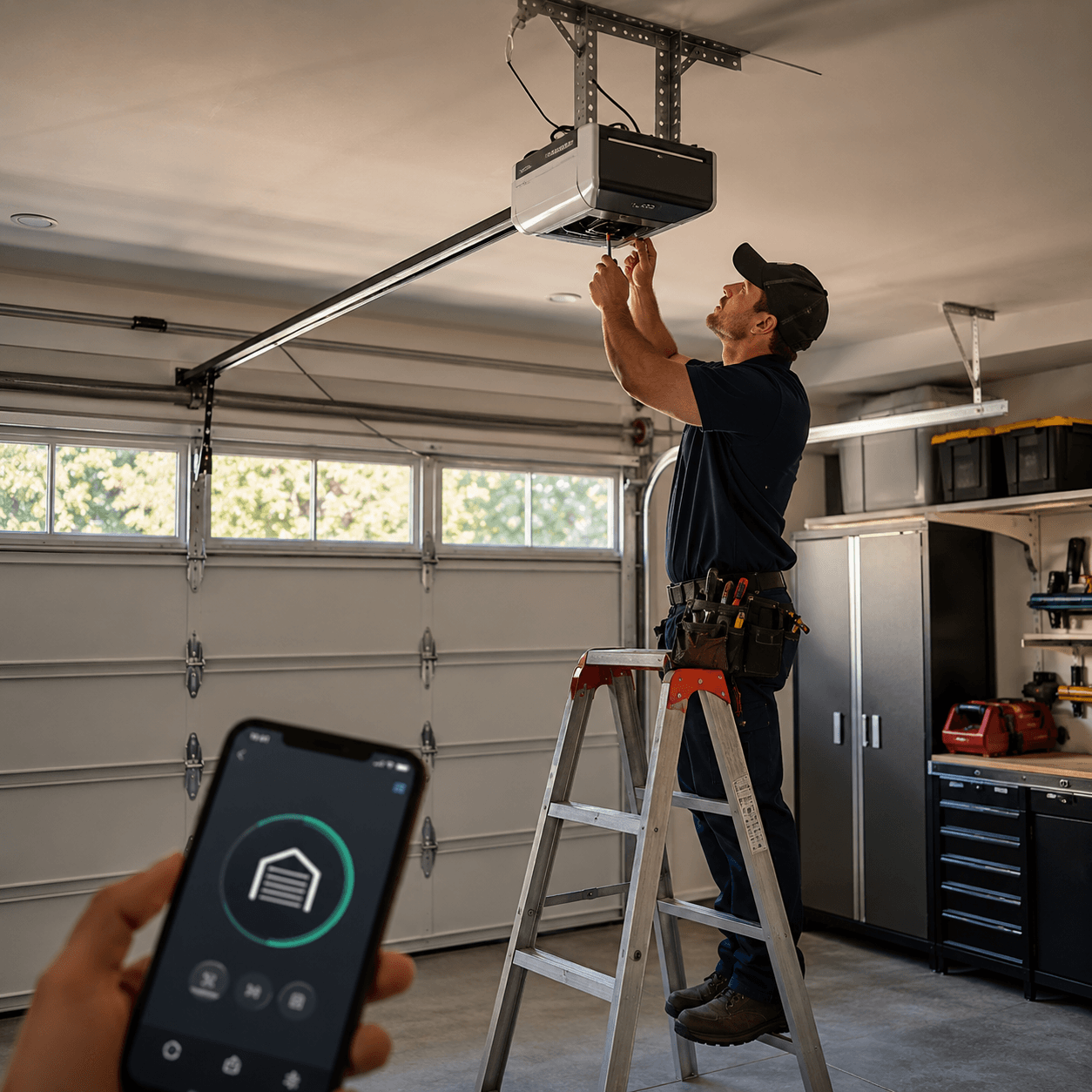 Technician installing and testing a smart garage door opener