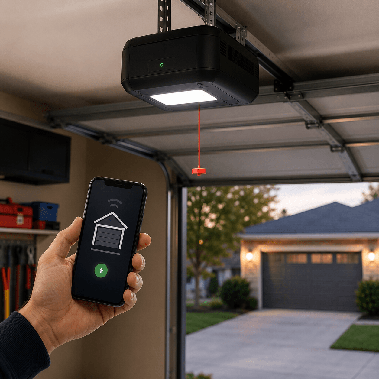 Smart garage door opener controlled through a mobile phone