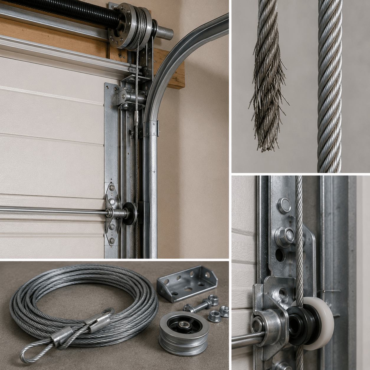 Garage door lift cables, cable drum, track, rollers and replacement hardware