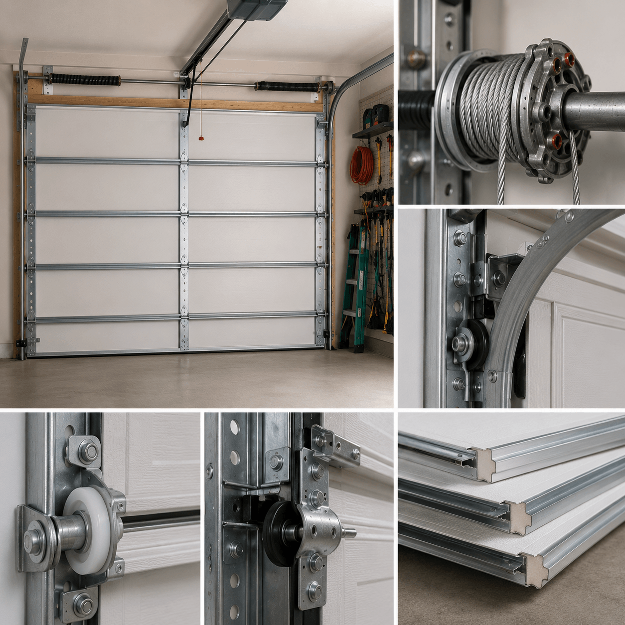 Garage door cables, tracks, rollers, panels and supporting hardware