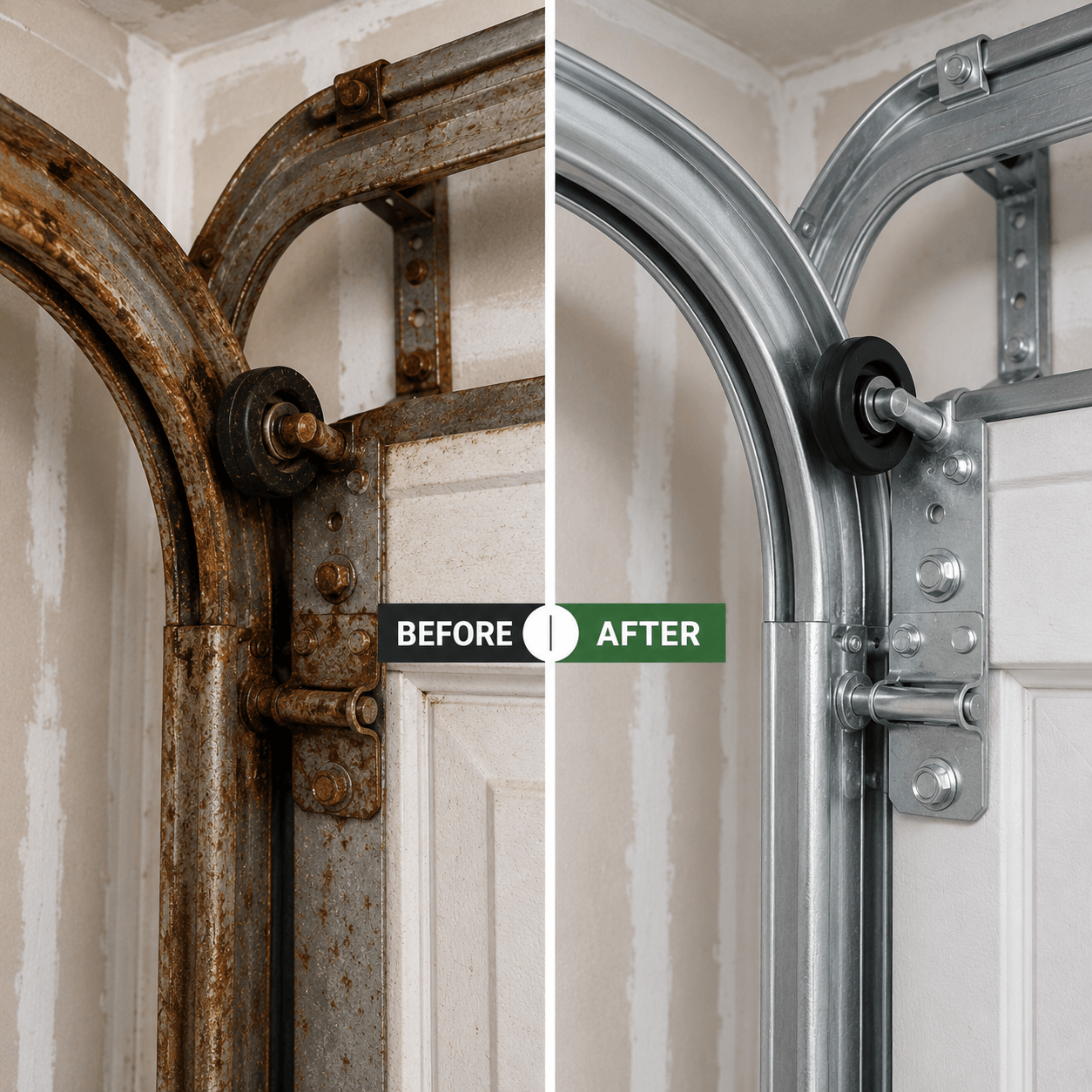 Before and after comparison of a rusted garage door track and roller replaced with new hardware