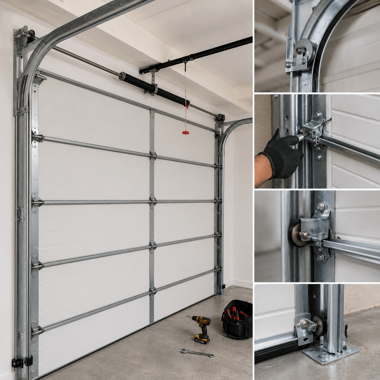 Garage door tracks, rollers, brackets and mounting hardware