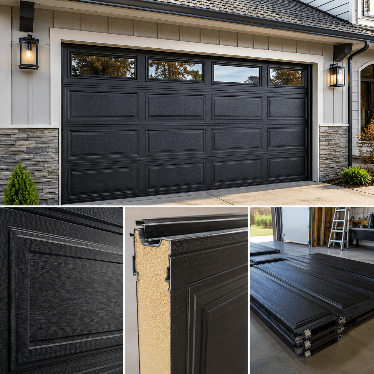 Modern insulated garage door panels with durable finishes and structural support
