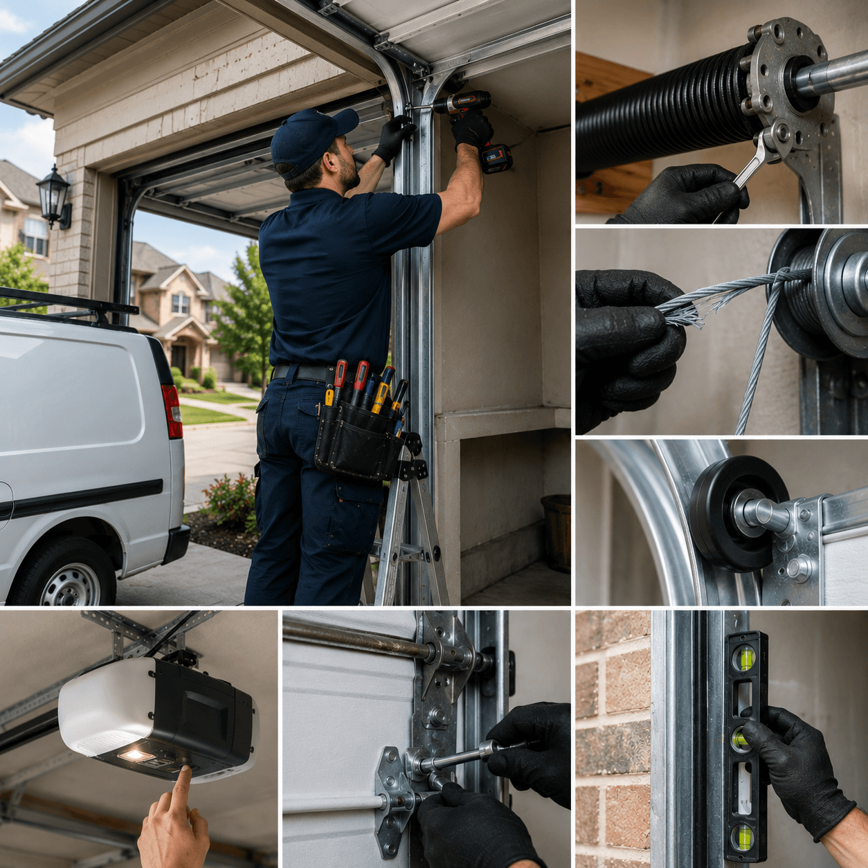 Technician repairing garage door springs, cables, rollers, tracks and opener components