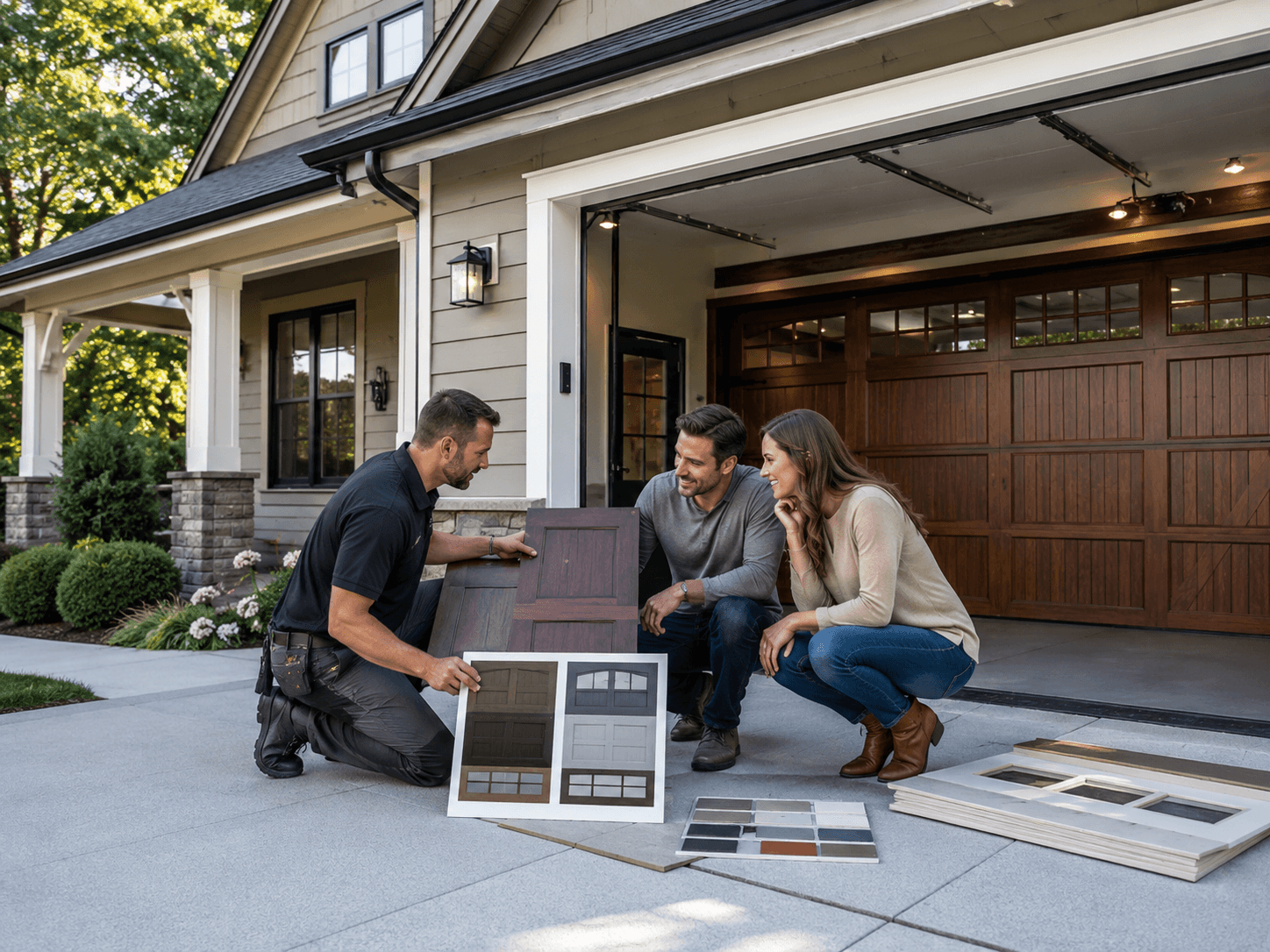 Homeowners selecting residential garage door styles with a technician