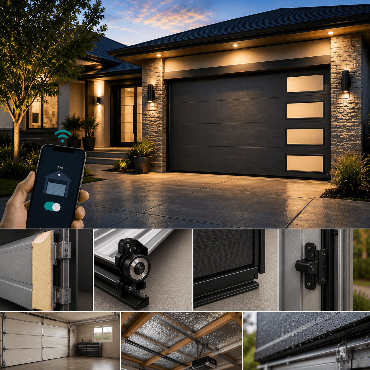 Modern insulated residential garage door with smart control and durable hardware
