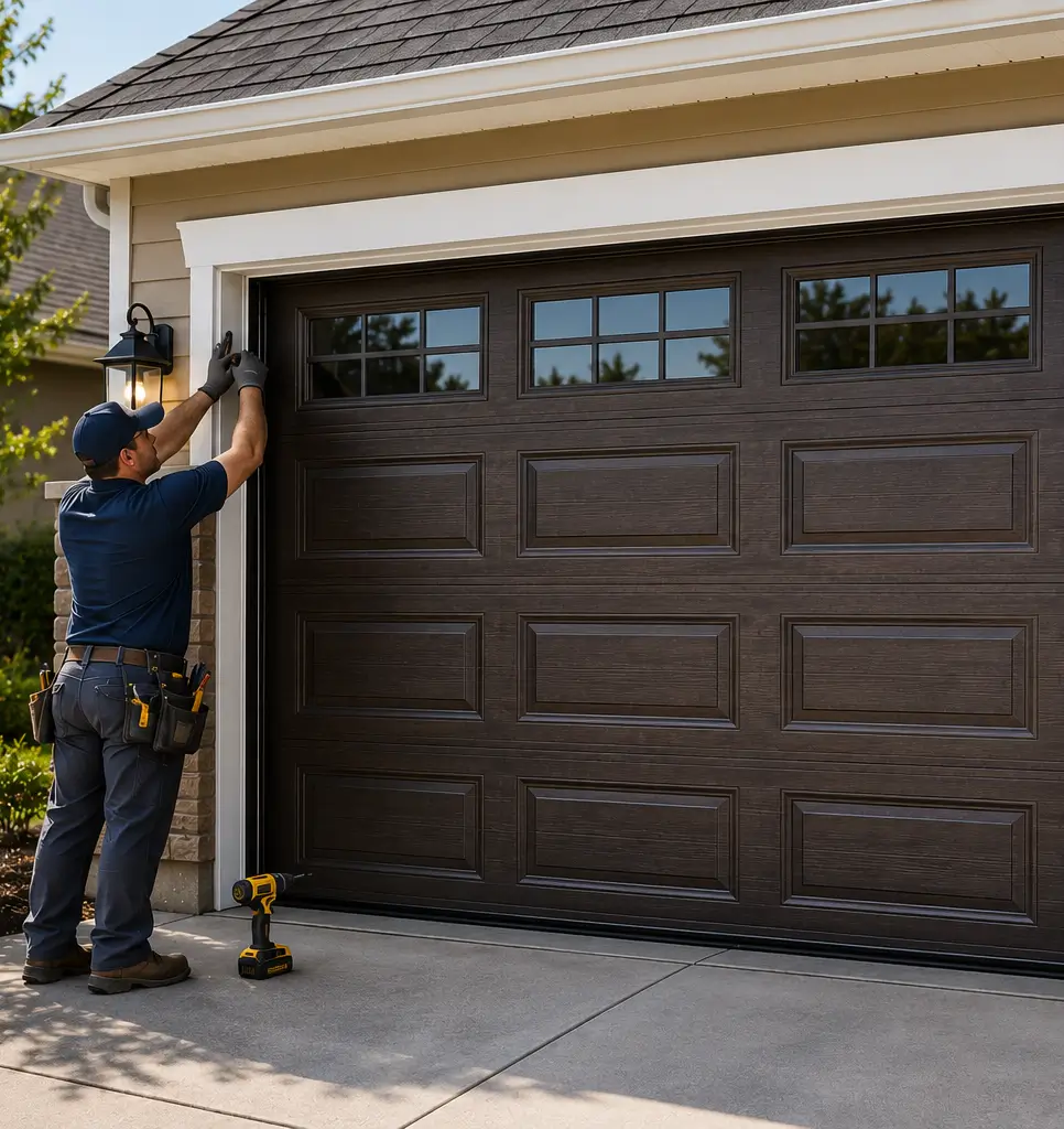 Technician installing a residential garage door