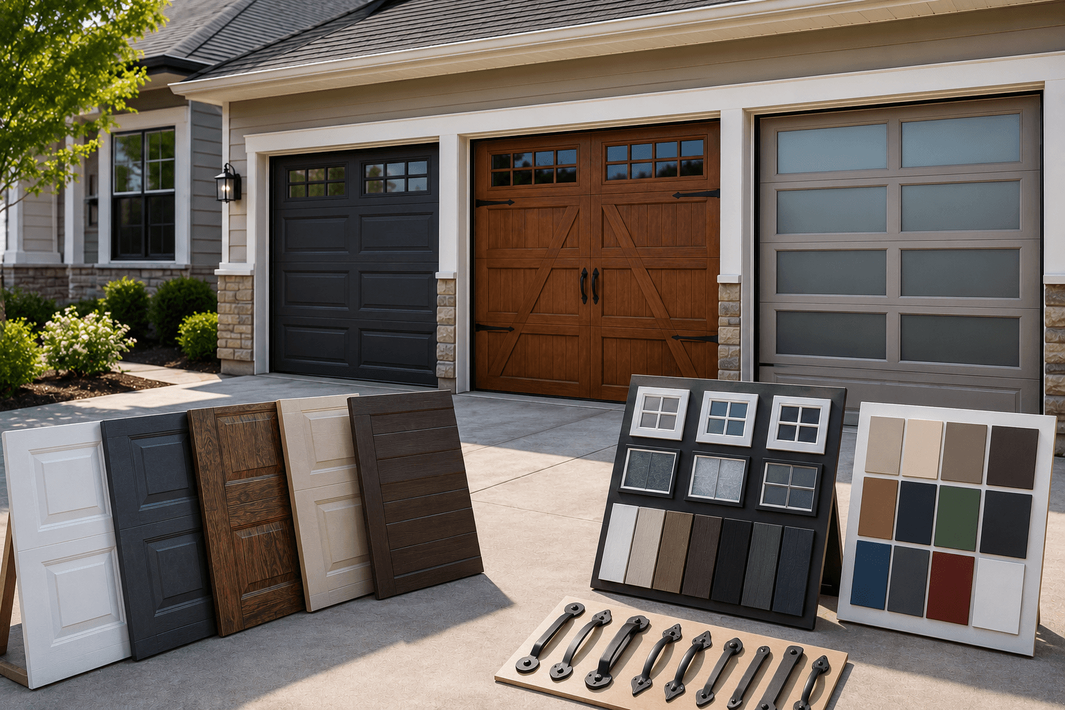 Residential garage door styles, colors, windows and hardware options