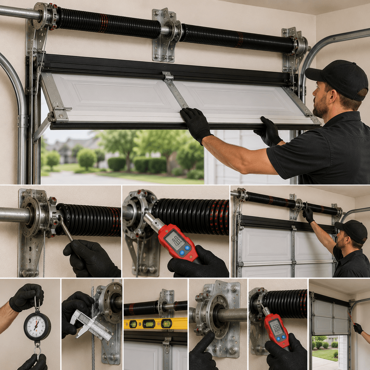 Technician testing garage door balance and inspecting torsion springs, cables and bearings