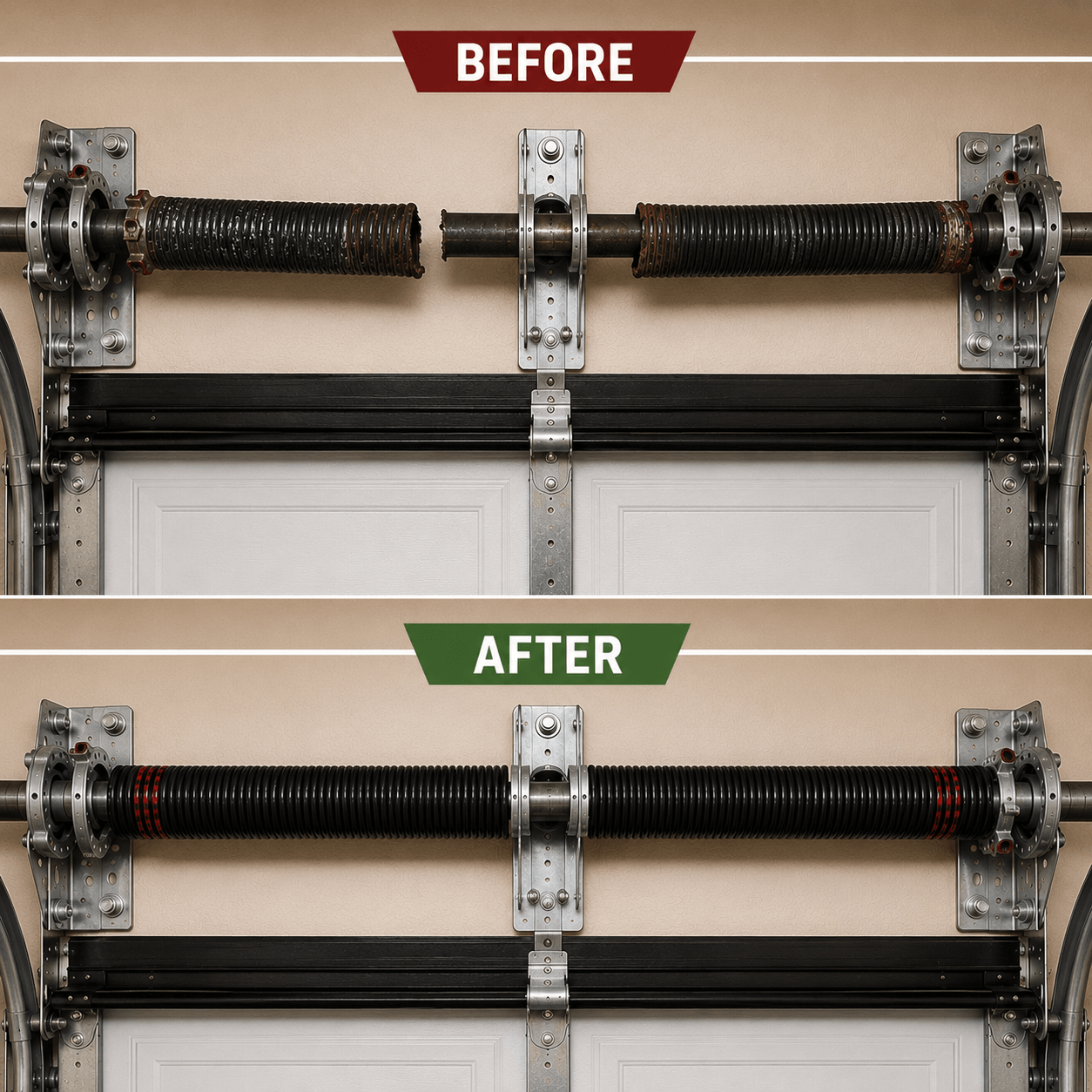 Before and after comparison of a broken garage door spring and a new torsion spring system