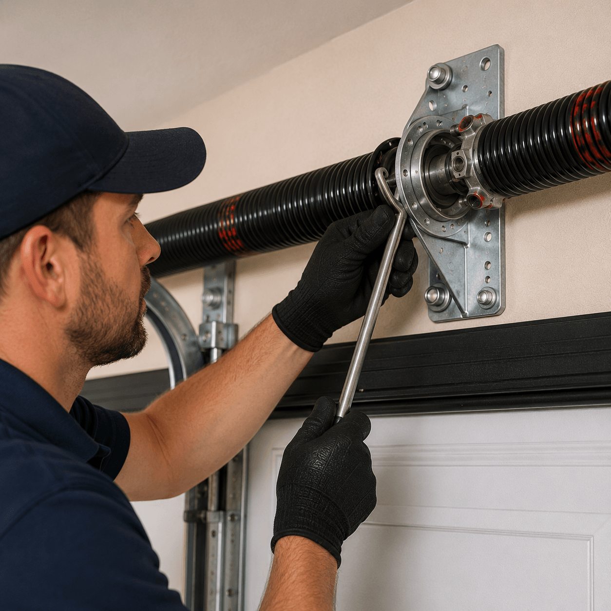 Garage door spring service process including inspection, replacement, calibration and operational testing