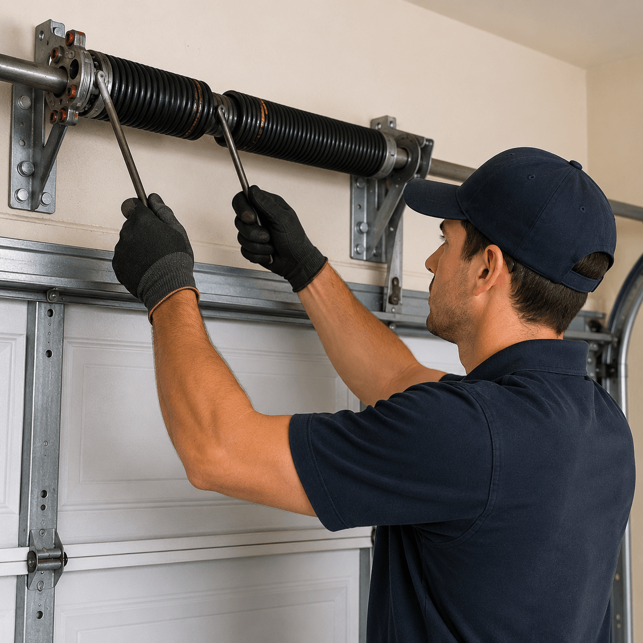 Technician adjusting and servicing a residential garage door torsion spring system