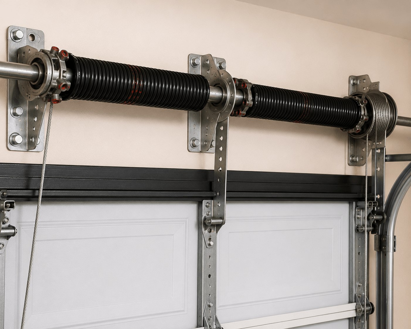 Residential garage door torsion springs, shaft, cable drums and lifting cables