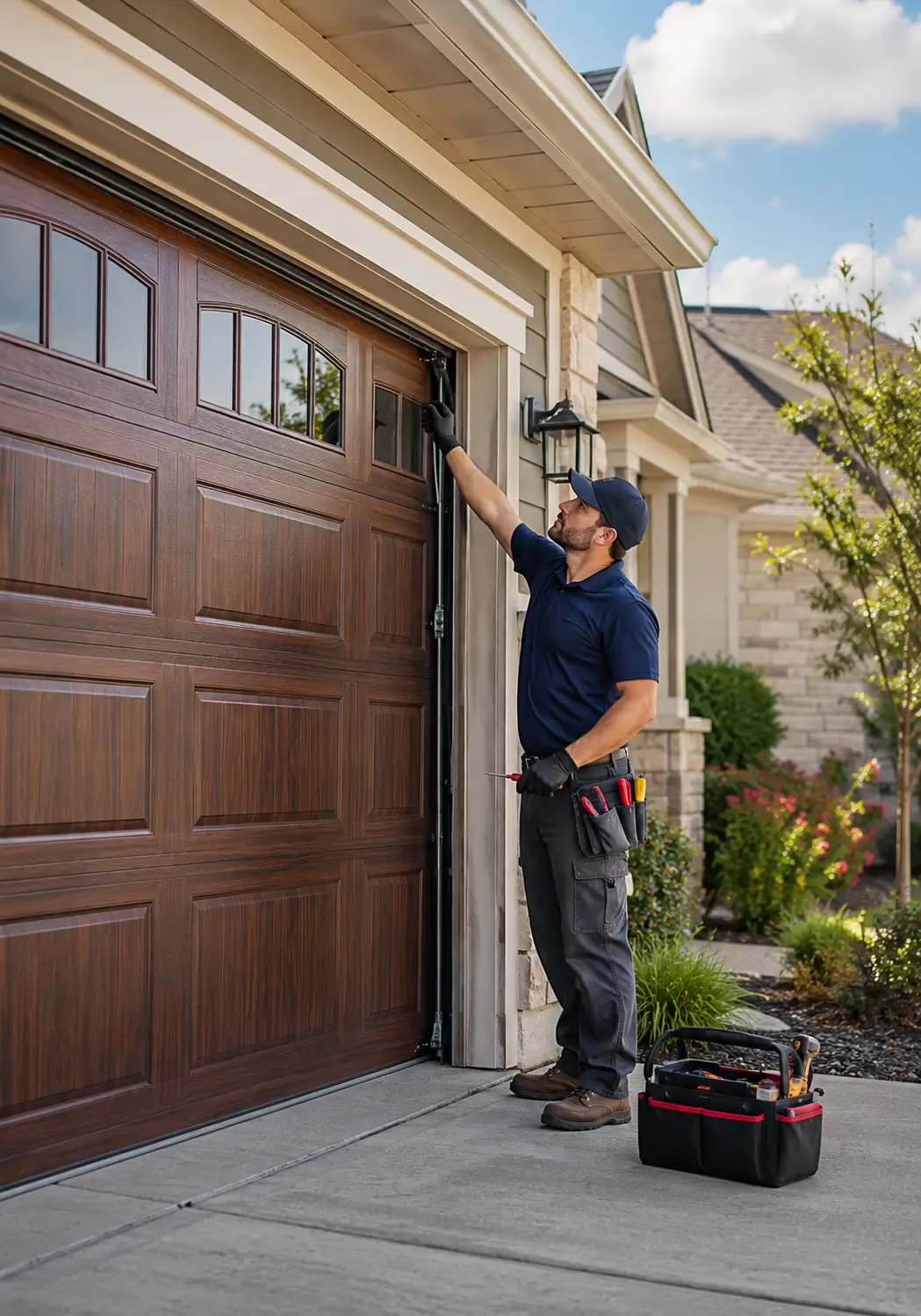 Professional technician repairing a residential garage door in League City TX